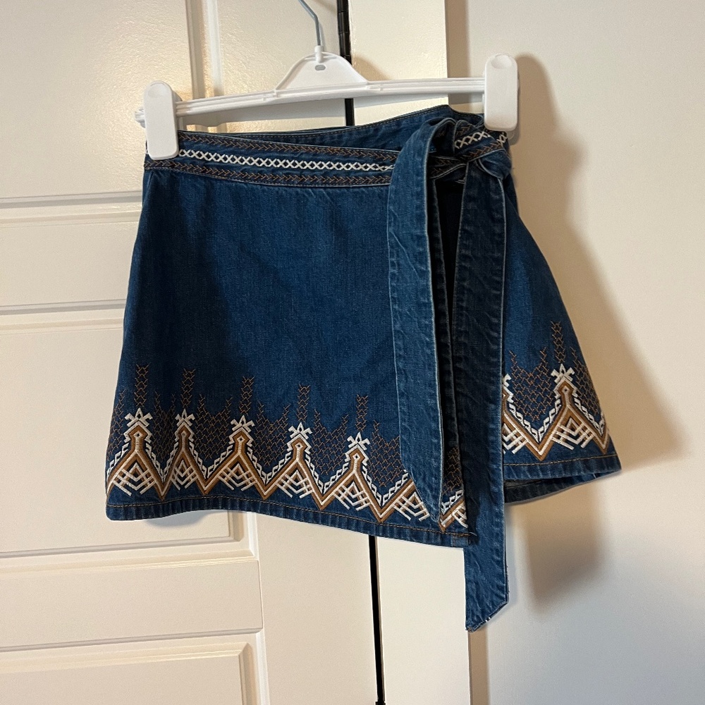 Free People Denim Embroidered Wrap Skirt ( Size 0)